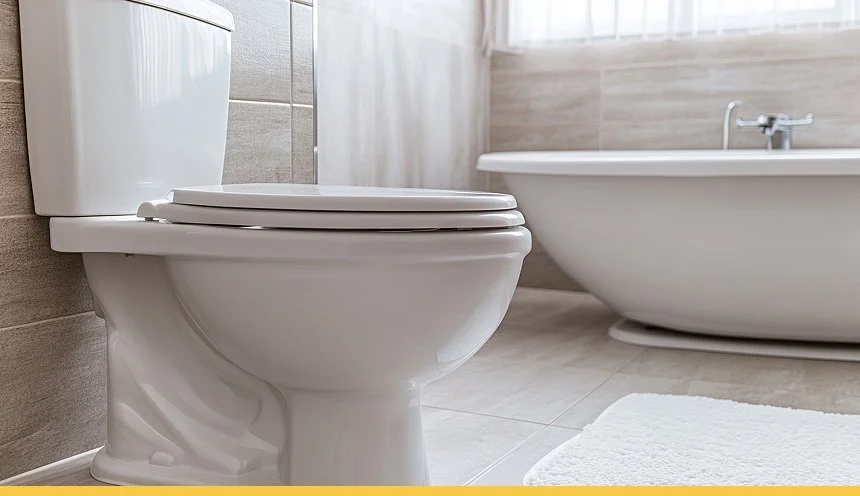 A white toilet and a white bathtub in a modern bathroom with beige tiles and a white bath mat.