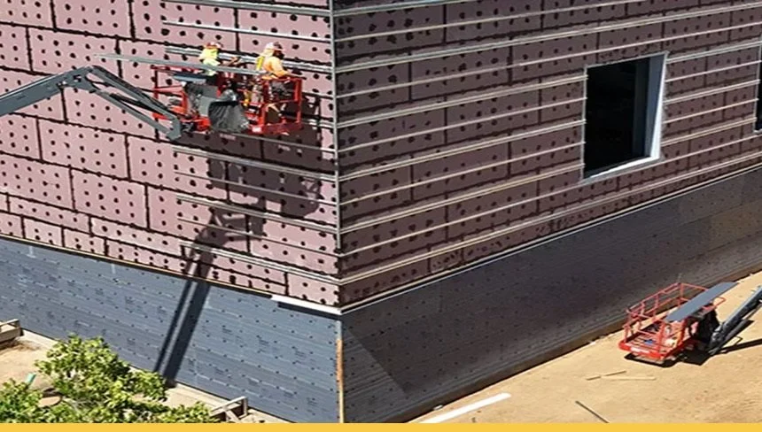 Close-up of wooden decking boards on a construction site with clamps and screws, with a worker kneeling in the background.