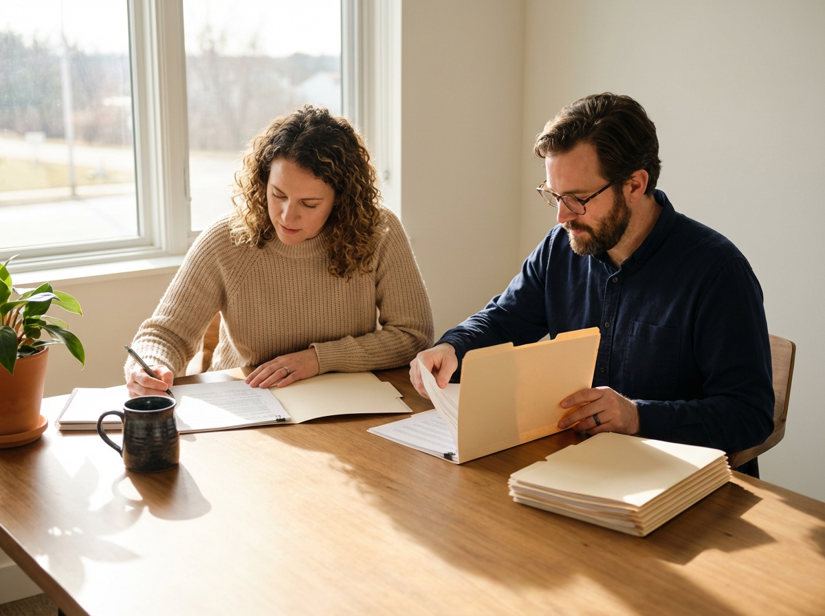 A man and a woman sitting at a wooden table, reviewing and writing on documents in a bright room with a large window, a plant, and a coffee mug.