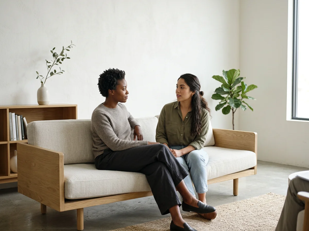 Two women sitting and talking on a beige sofa in a bright, minimal living room with a bookshelf, a vase with greenery, and a large plant near a window.