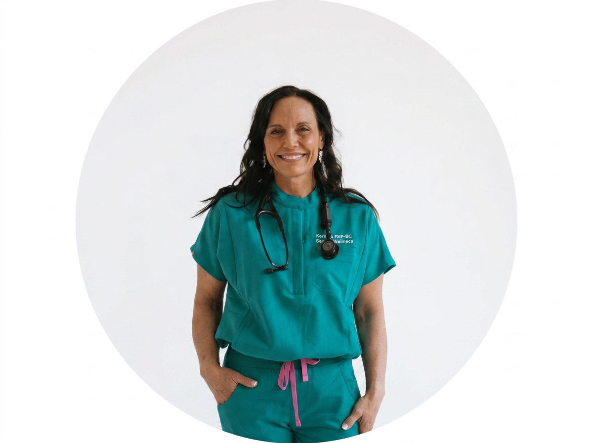 Kersten Noyes, FNP-BC, smiling in teal scrubs with a stethoscope.