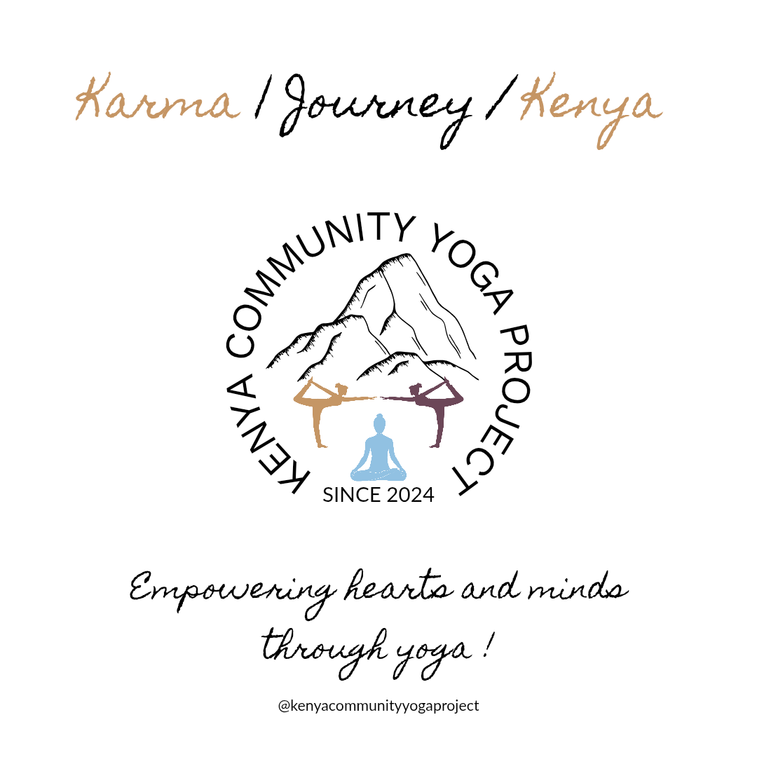 A logo for Kenya Community Yoga Project featuring a mountain, yoga poses, and a sitting figure, with text emphasizing empowerment through yoga since 2024.