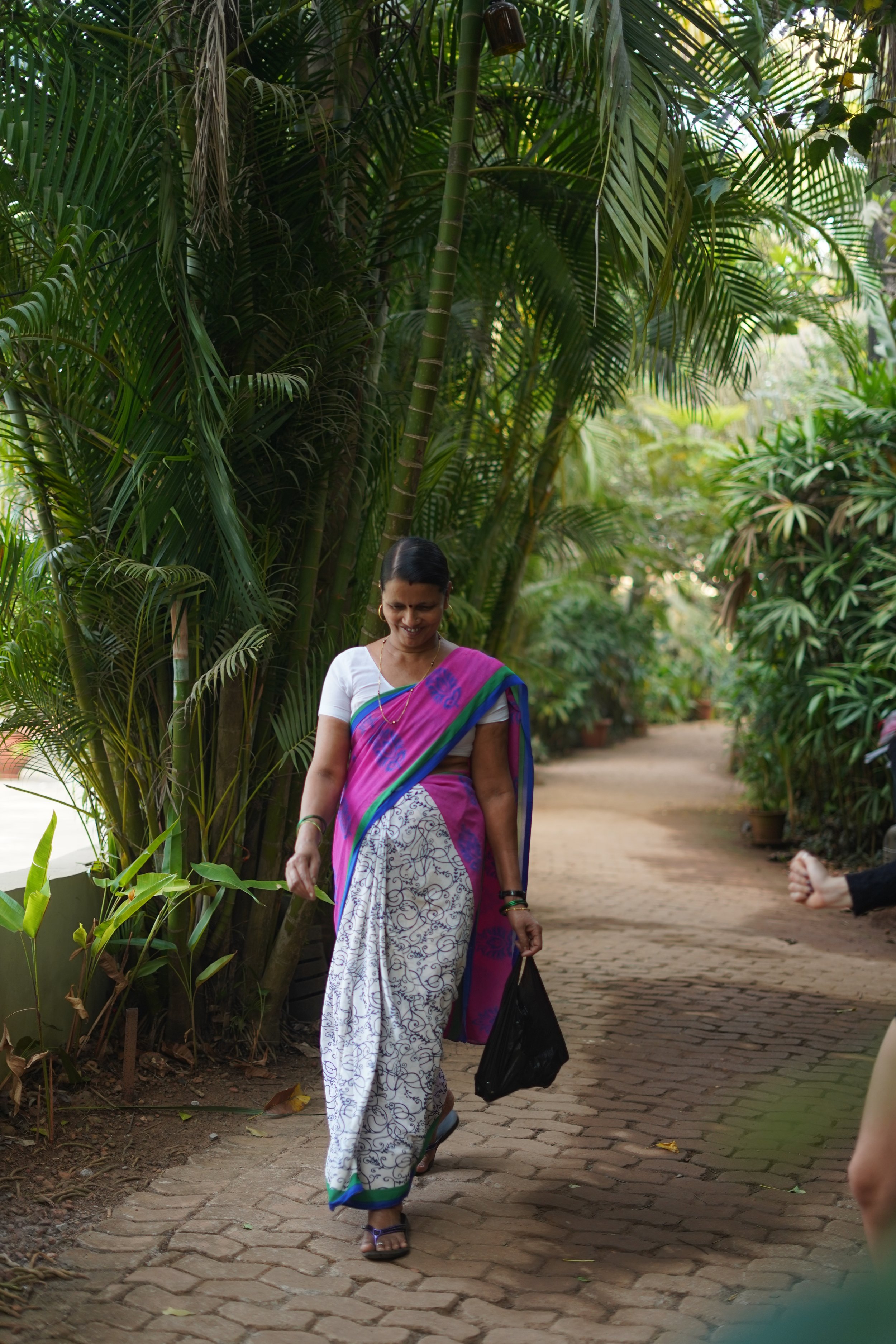 A woman in traditional Indian attire, wearing a white and blue saree with a pink and purple dupatta, walking along a brick pathway surrounded by dense green tropical plants.