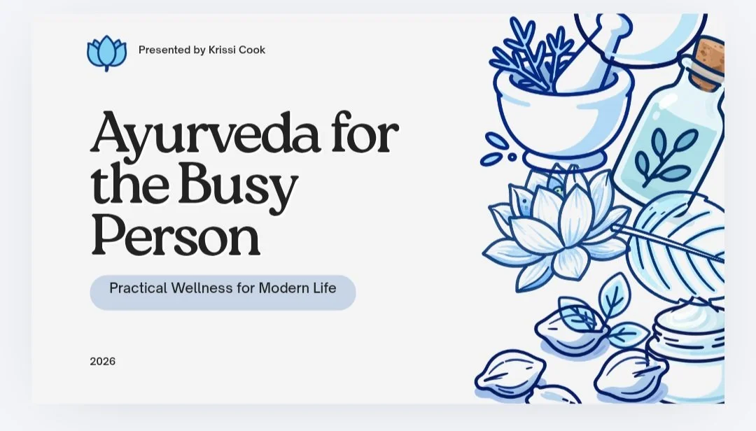 Cover page of a book titled 'Ayurveda for the Busy Person' with subtitle 'Practical Wellness for Modern Life.' Presented by Krissi Cook, published in 2026. The cover features illustrations of a mortar and pestle with herbs, a bottle with a cork, lotus flowers, leaves, and some stones, all in blue and white.