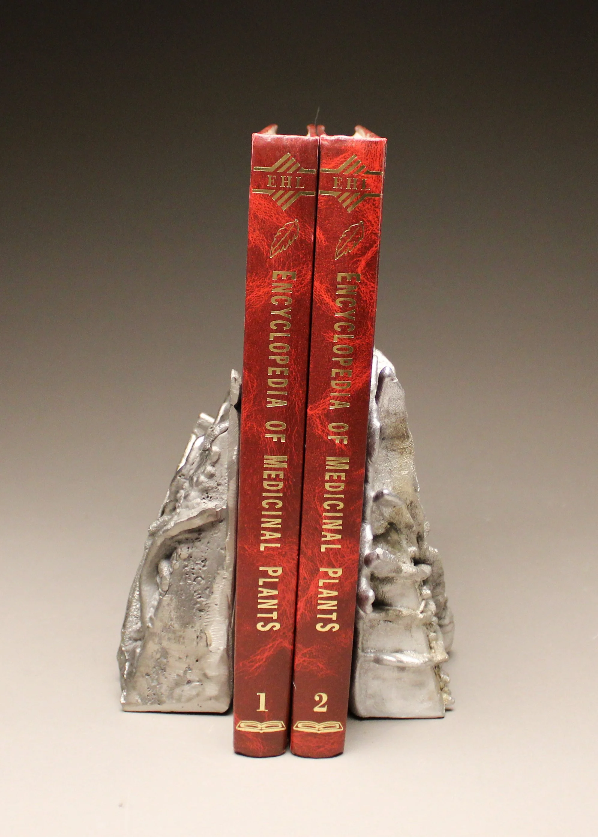 Two red books titled 'Encyclopedia of Medicinal Plants', numbered 1 and 2, standing upright on a silver-colored, textured decorative holder against a plain background.