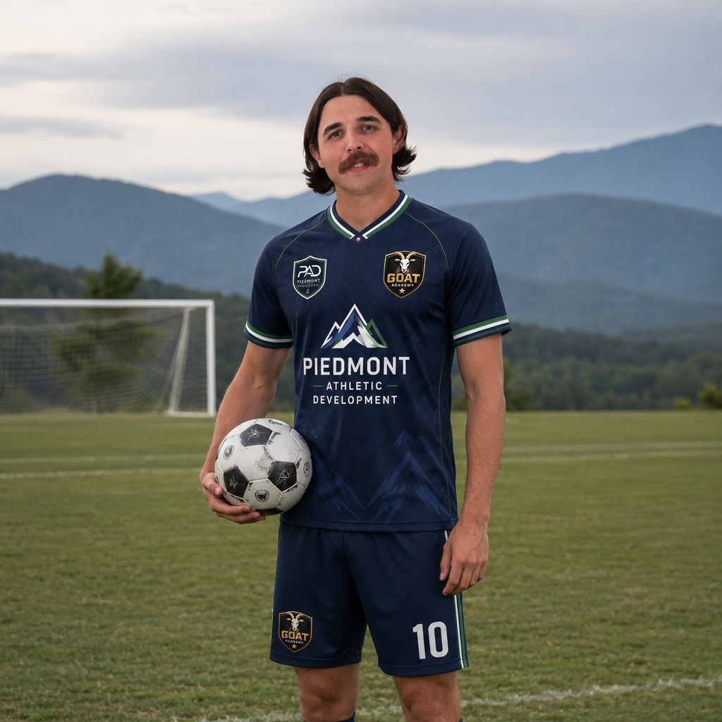 A man with a mustache and long hair holding a soccer ball on a soccer field, wearing a navy blue jersey and shorts with the number 10, scenic mountain background.