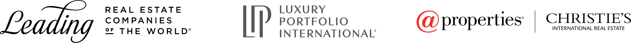 Logos of Leading Real Estate Companies of the World, Luxury Portfolio International, @properties, and Christie's International Real Estate displayed against a black background.