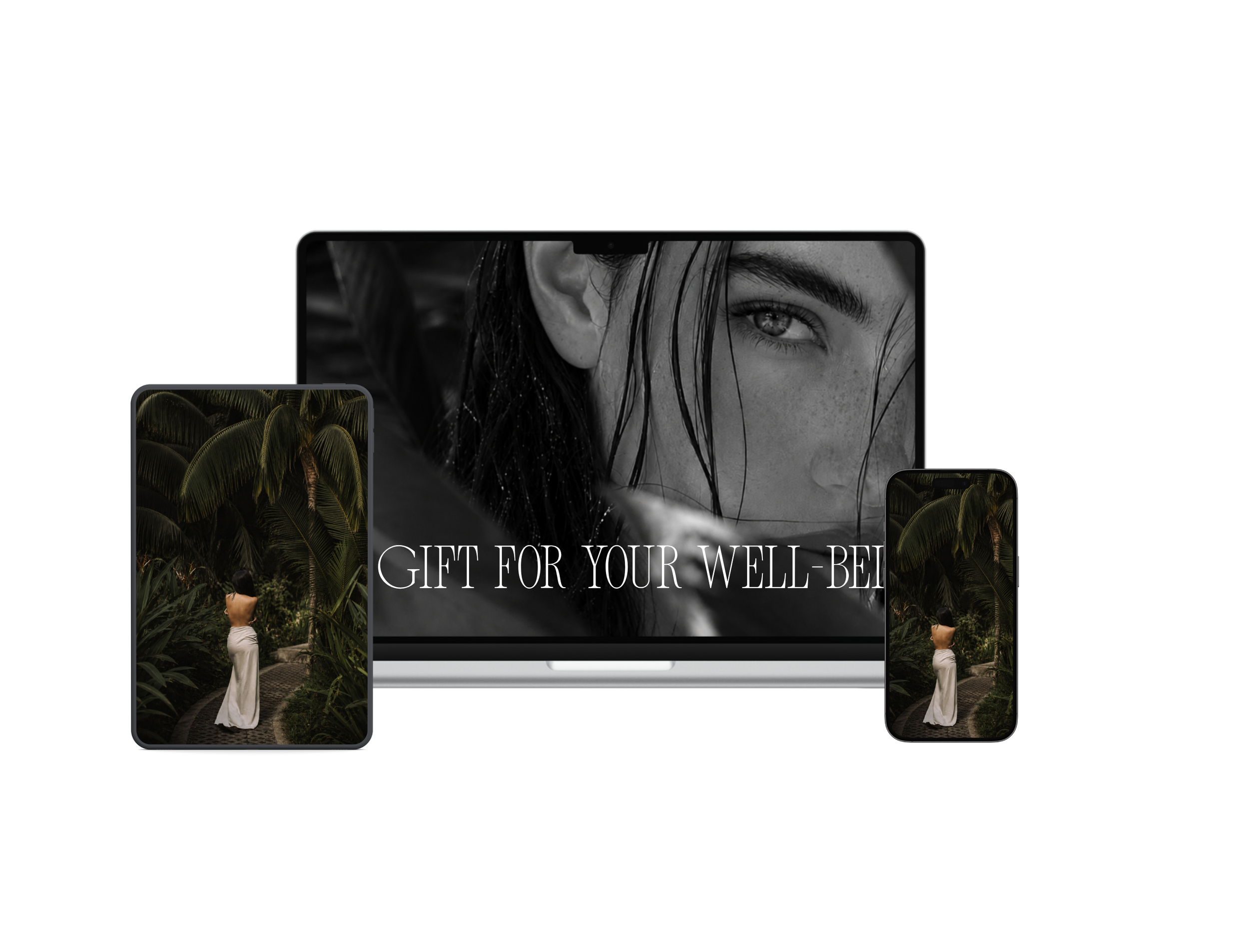 Multiple electronic devices displaying images including a woman in a desert landscape and a close-up of a woman with wet hair, with the text "GIFT FOR YOUR WELL-BEING"
