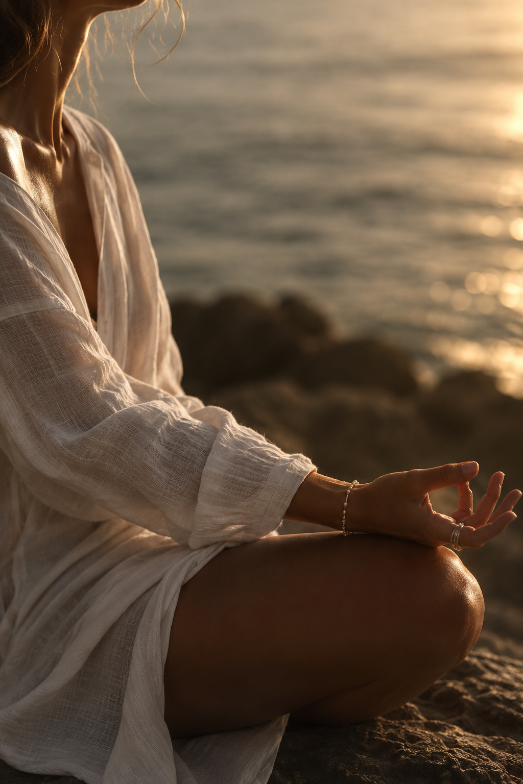 Person sitting by the water at sunset, practicing meditation with a hand gesture and wearing a white, loose-fitting garment.