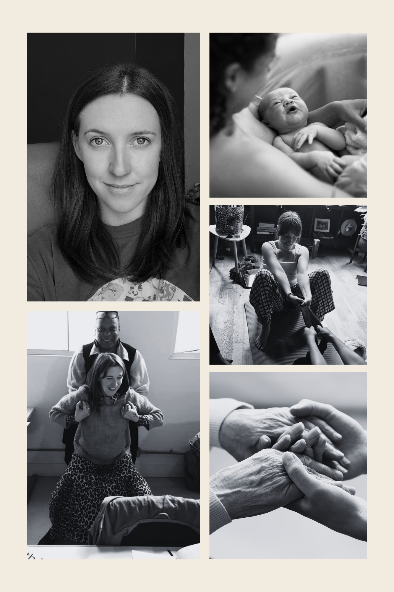 Collage of black-and-white photos showing various emotional moments: a woman smiling at the camera, a woman holding a newborn, a woman with short hair smiling, a nurse with a young girl, a young girl with a backpack, and close-up of hands holding, showing caring and connection.