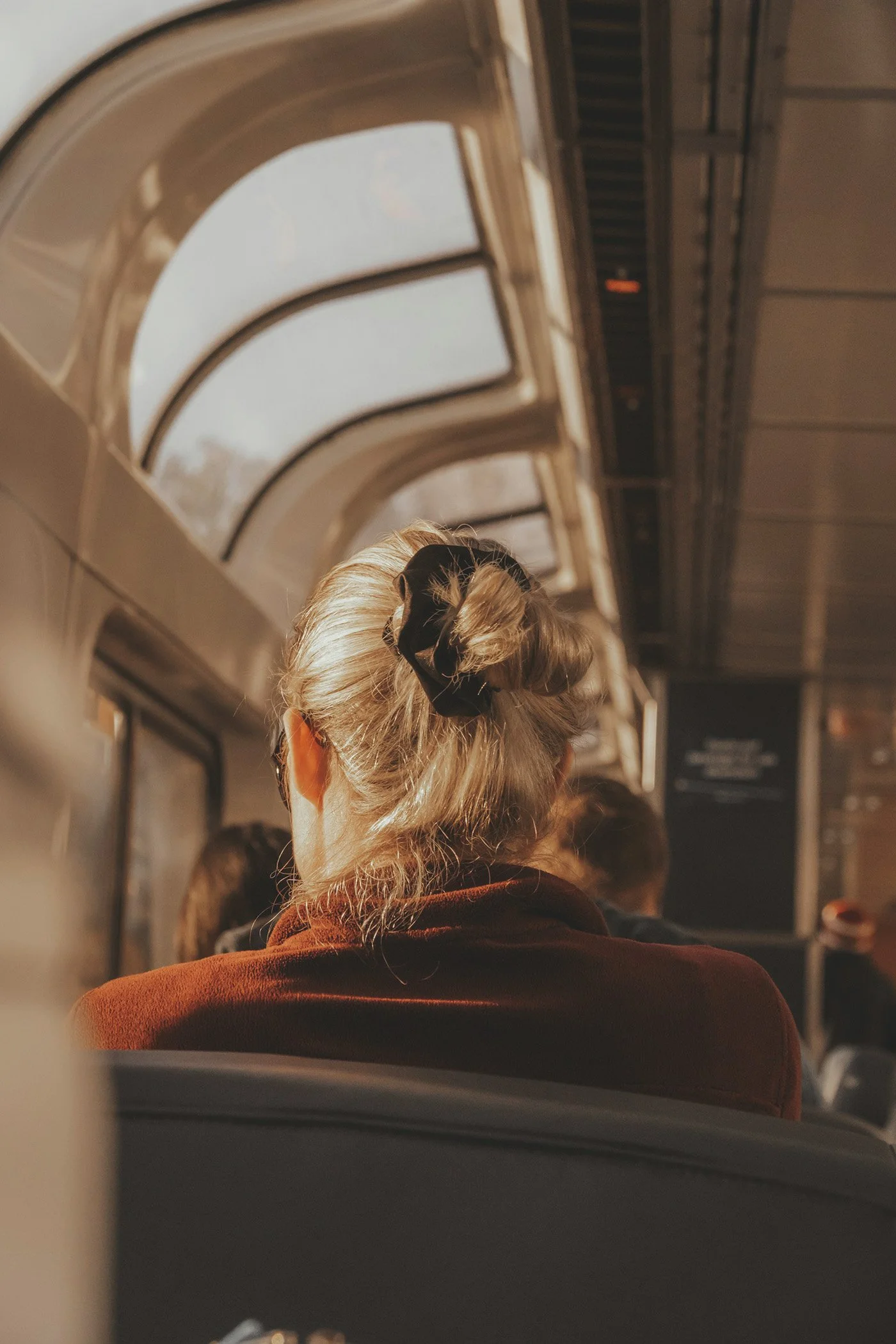 A person with blonde hair tied back with a black hair clip, wearing a brown hoodie, sitting on a bus or train, with other passengers visible in the background.