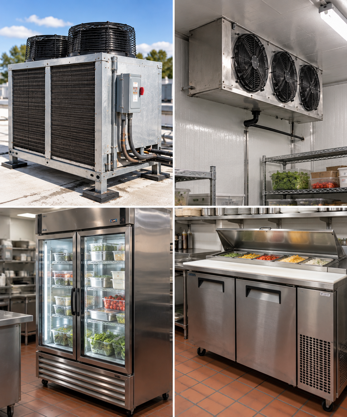 A collage of commercial kitchen equipment: HVAC units outside and inside a kitchen, a refrigerated display case with prepped food, and a table with fresh ingredients.
