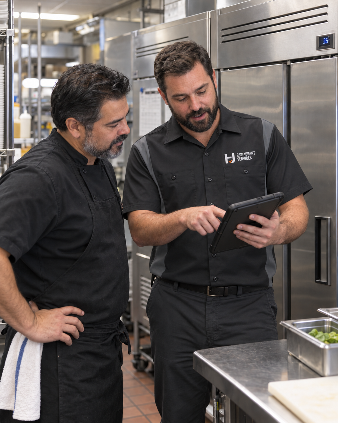 Two male chefs in black uniforms working in a professional kitchen, looking at a tablet device.