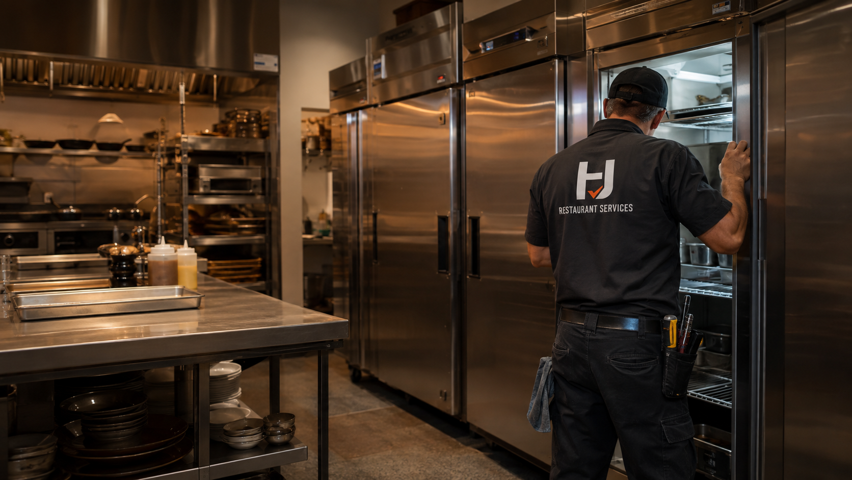A restaurant worker in black uniform opening a stainless steel refrigerator in a commercial kitchen.