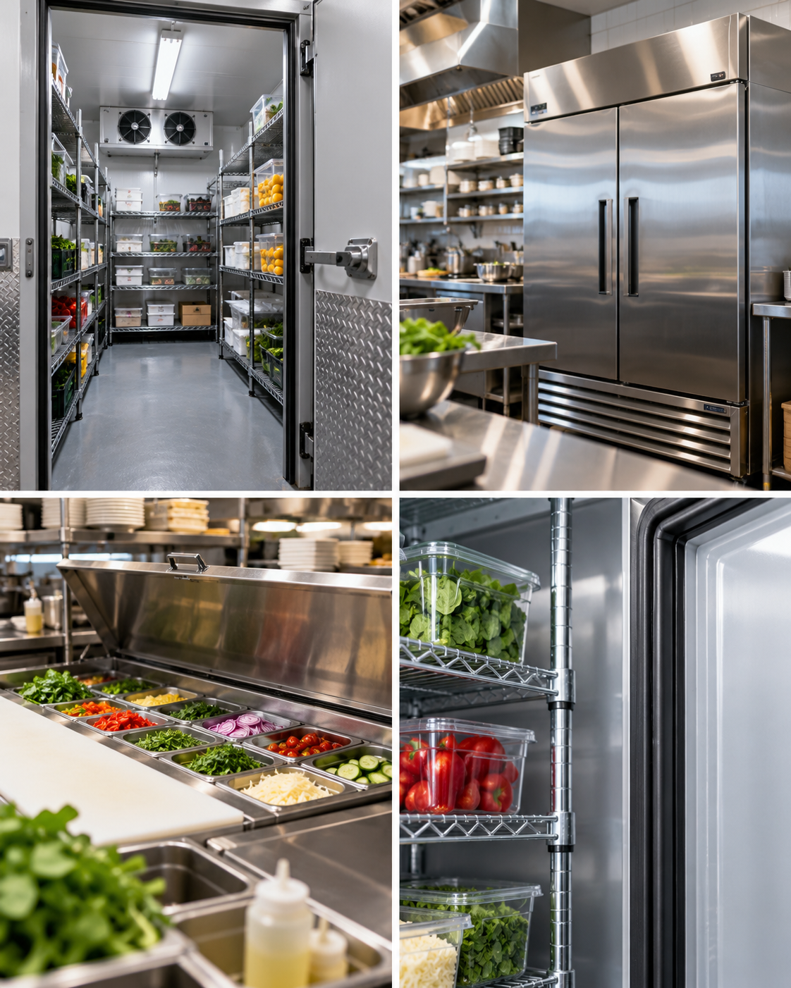 Indoor commercial kitchen and storage area with shelves of fresh vegetables, refrigeration units, and food prep stations.