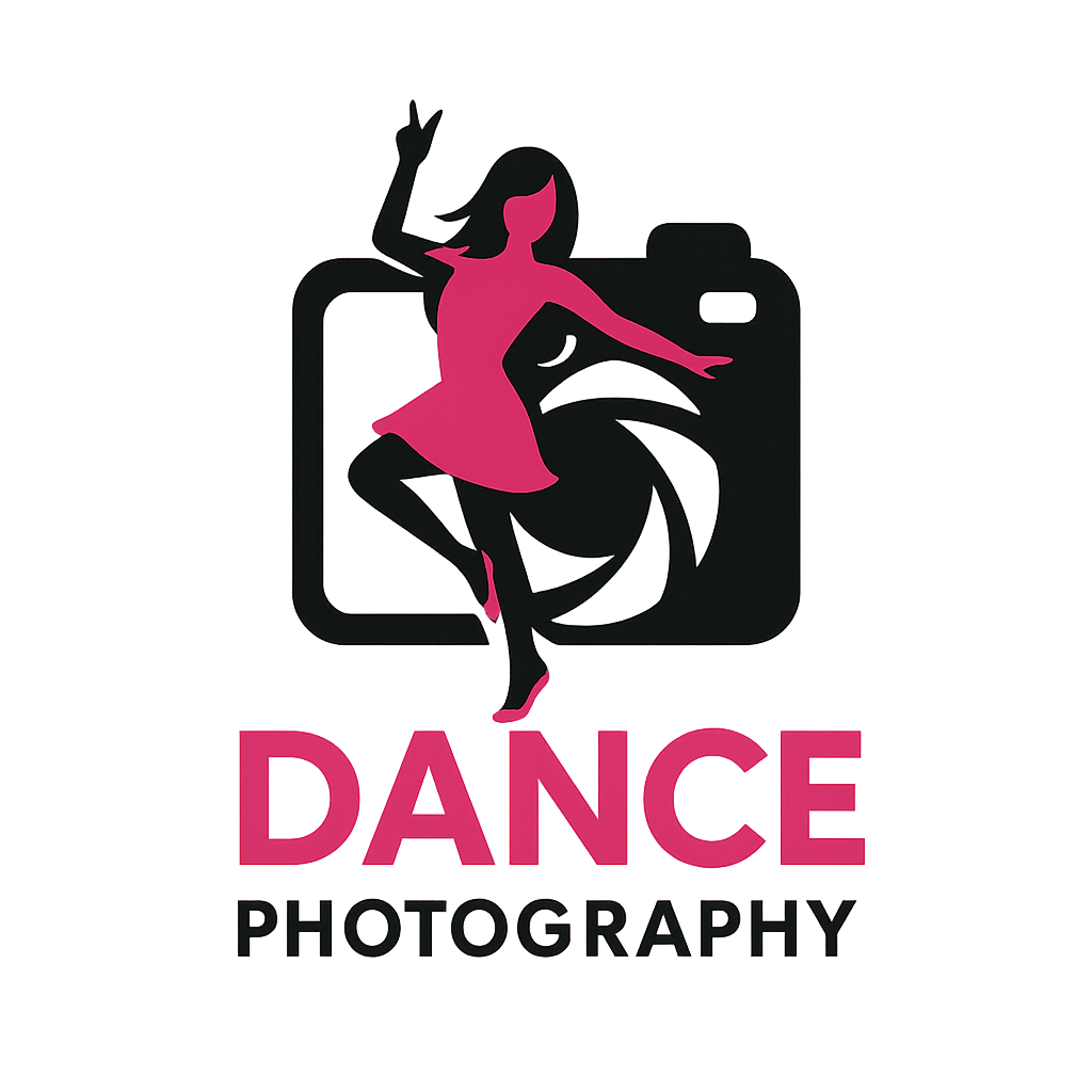 A logo for dance photography featuring a silhouette of a woman in a pink dress dancing with one leg raised, positioned in front of a stylized camera lens, with the words 'DANCE PHOTOGRAPHY' in pink and black text.