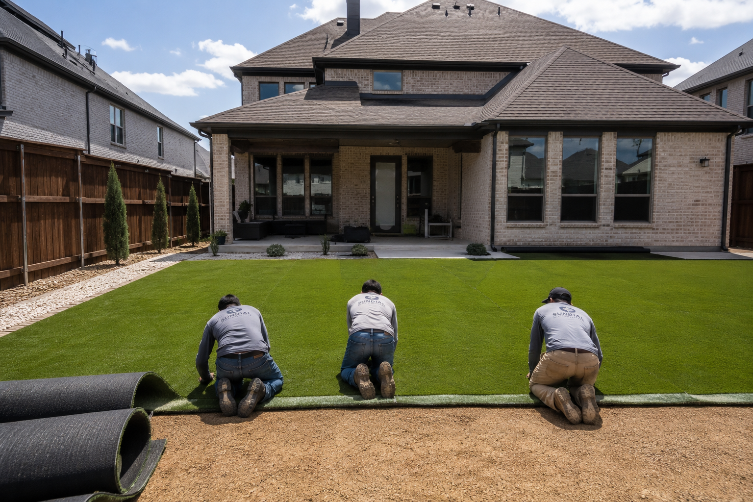Workers installing new artificial grass in a backyard.