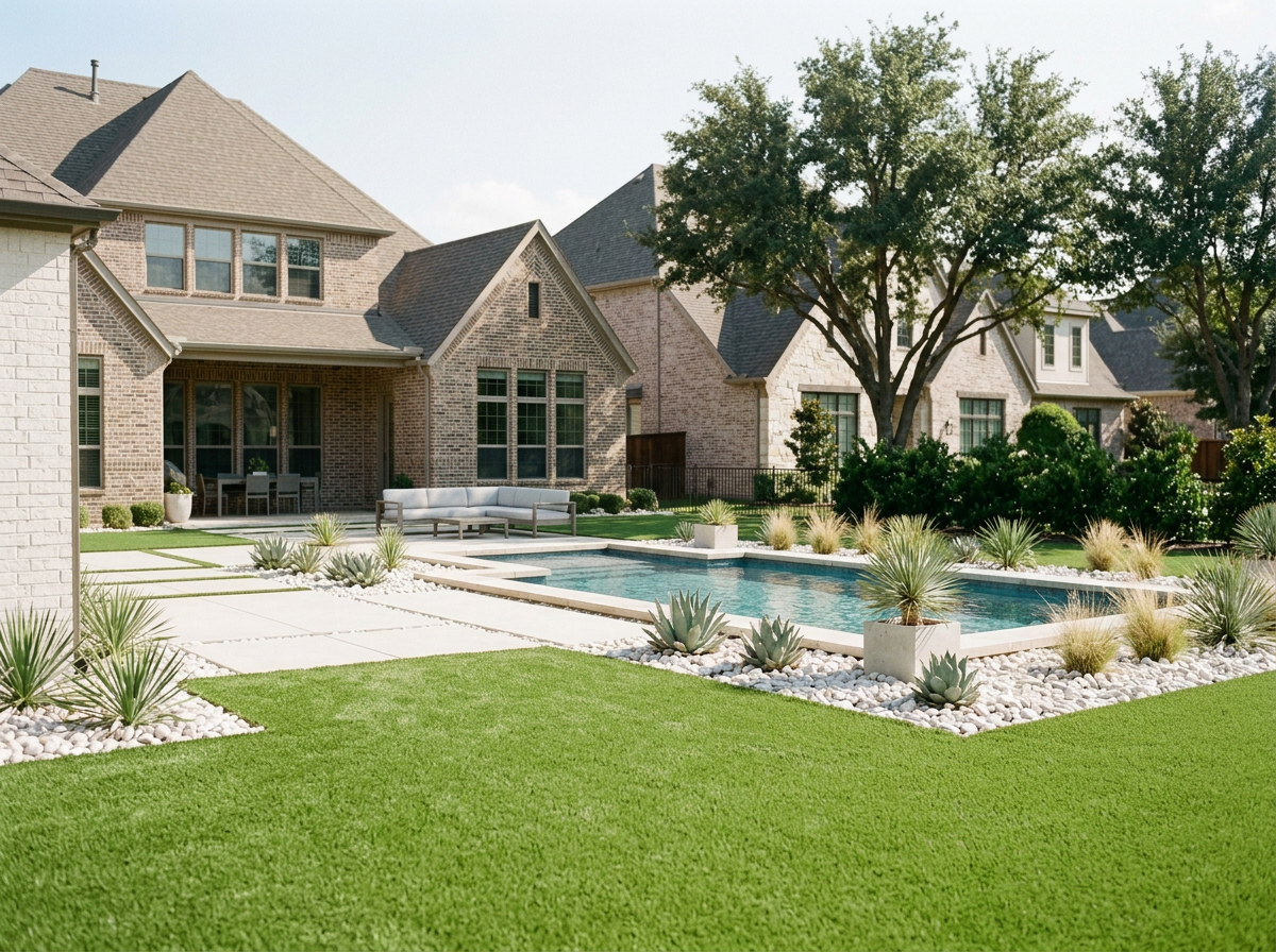 Backyard with a rectangular swimming pool, white pebbles landscaping, desert plants, green grass, trees, and a brick house with patio area.