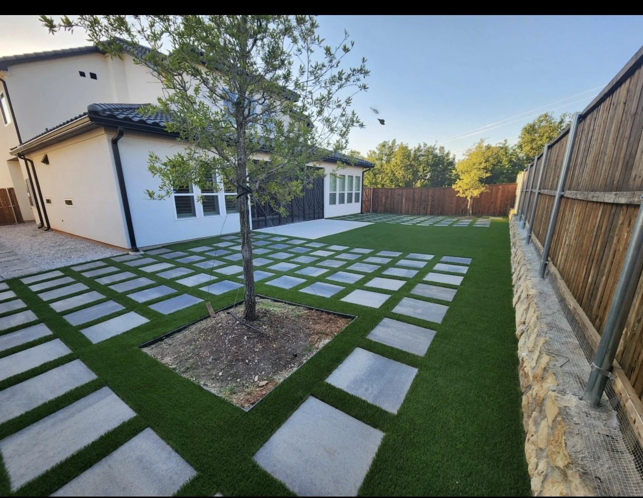 A backyard with a green lawn, concrete stepping stones arranged in a grid pattern, and a young tree in a square mulch bed. There is a modern house with white exterior walls and multiple windows, a wooden fence on the right, and a wooden fence on the back. The sky is clear and blue.