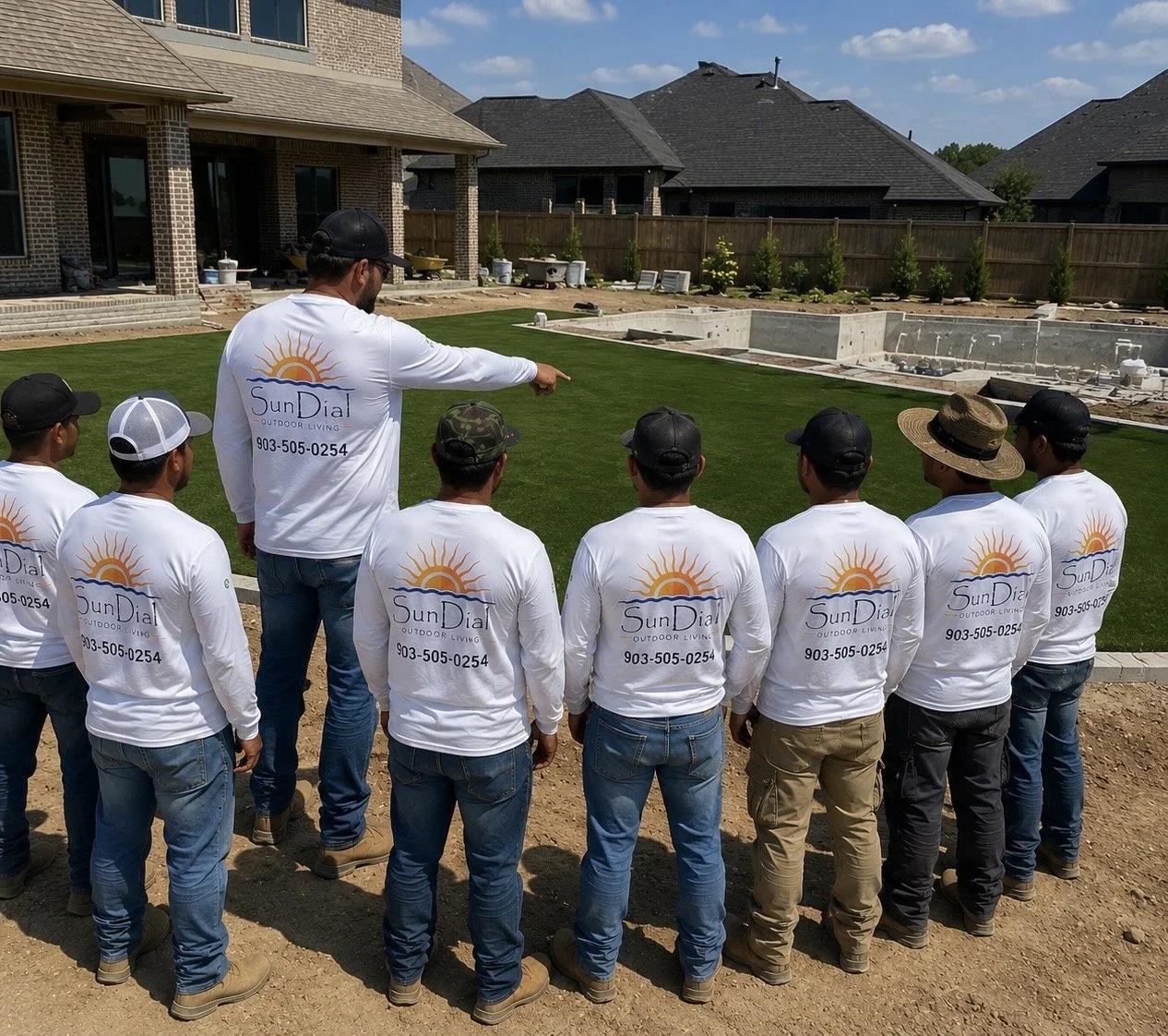 A group of workers wearing white shirts with the 'Sun Dial Outdoor Living' logo and phone number, gathered around a person who is giving instructions on a grassy backyard.