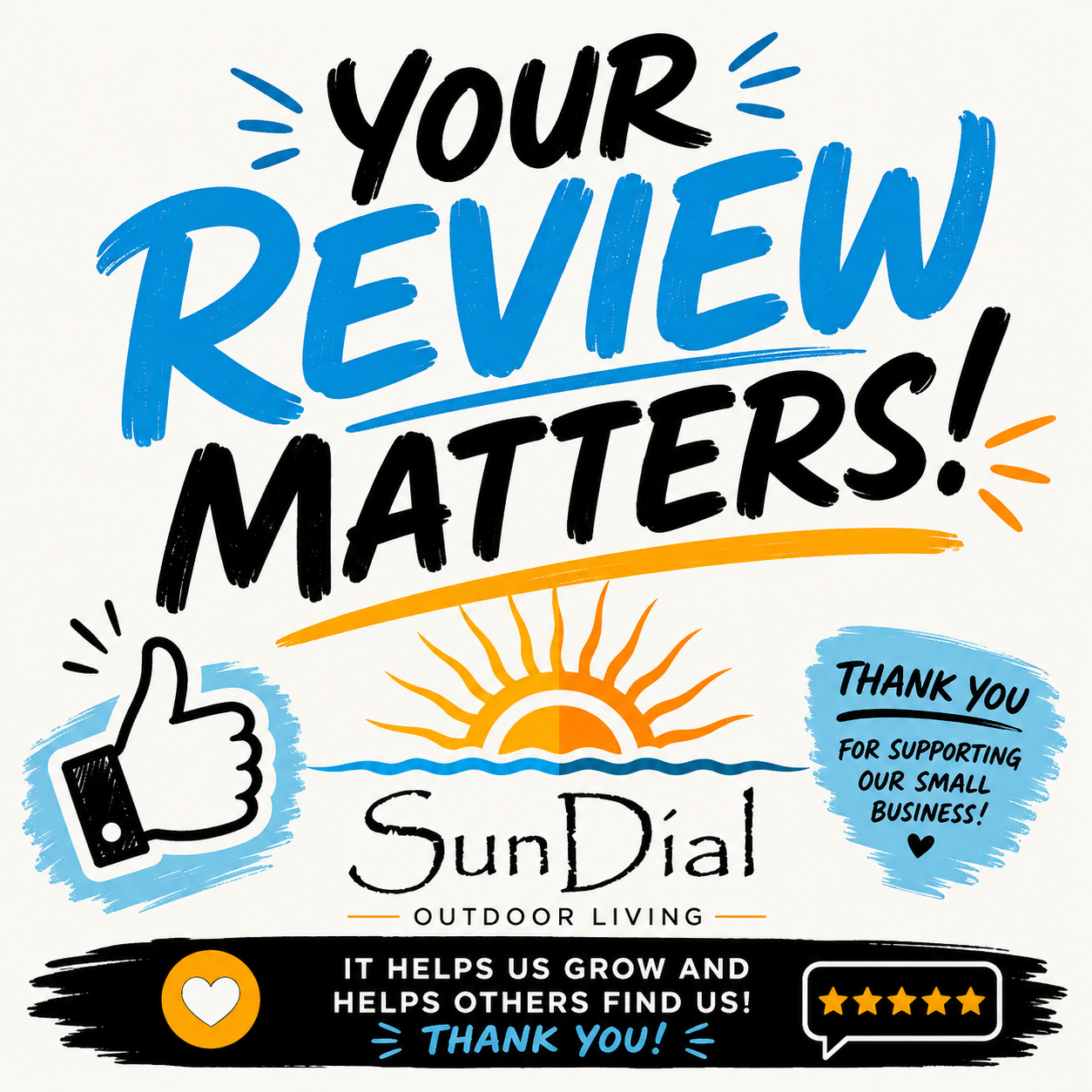 Colorful poster with the text 'Your Review Matters!' in bold, with illustrations of a thumbs-up, a setting sun, and a thank you message for supporting a small business. Includes the SunDial Outdoor Living logo and a five-star rating.