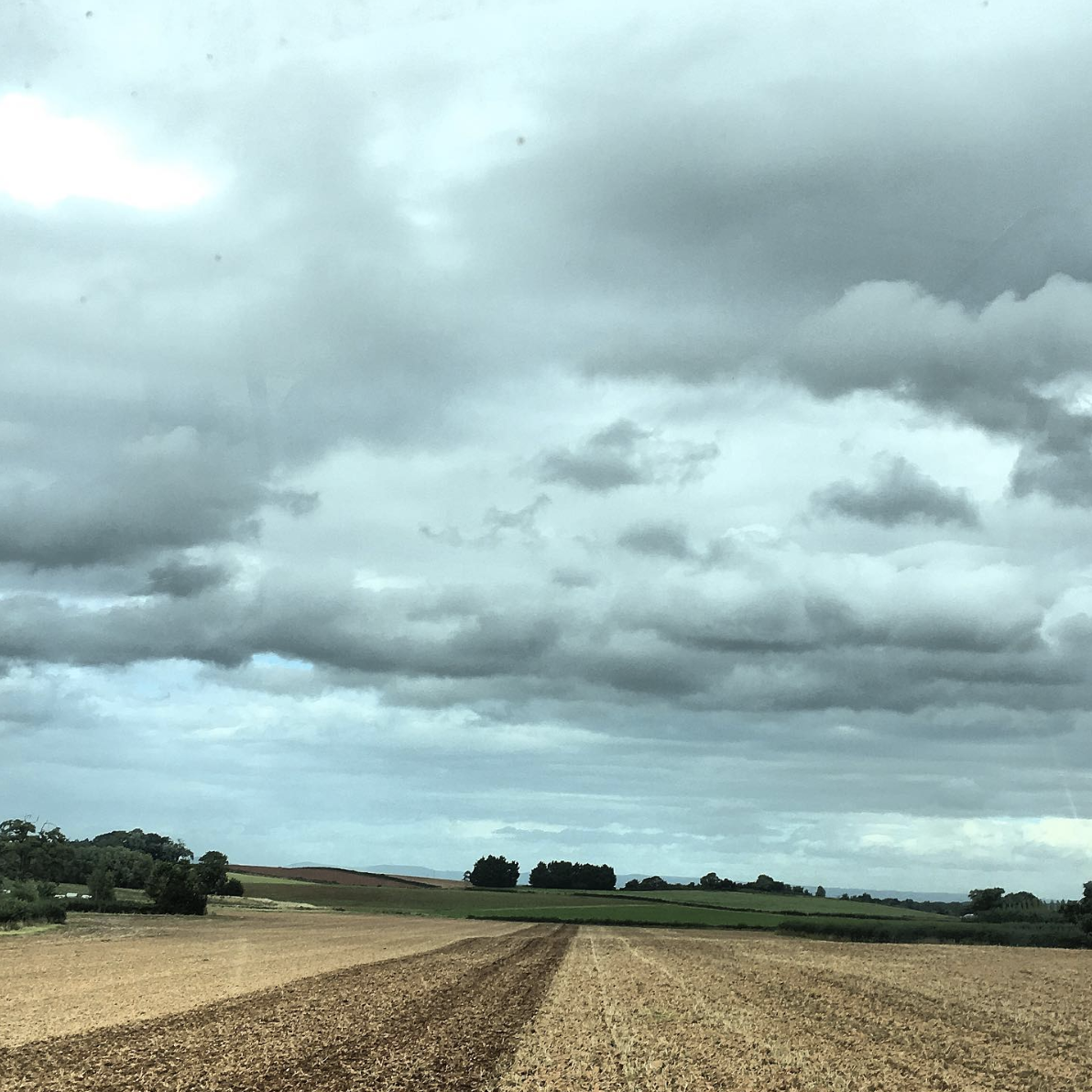 A rural landscape with farm fields and a cloudy sky.