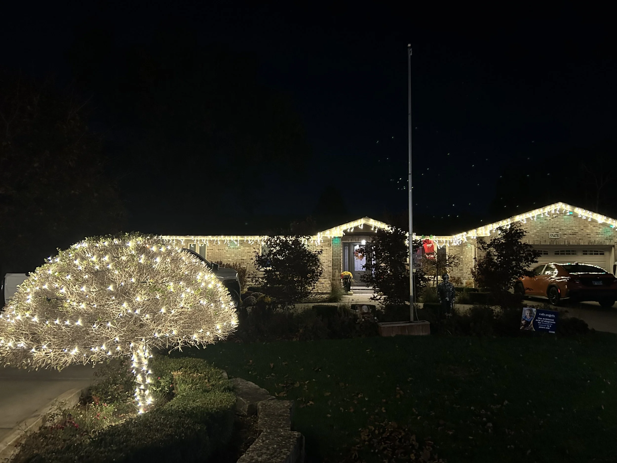 A house decorated with Christmas lights at night, with bushes illuminated by string lights in the front yard, a tree wrapped in white lights, and a flagpole in front of the house.