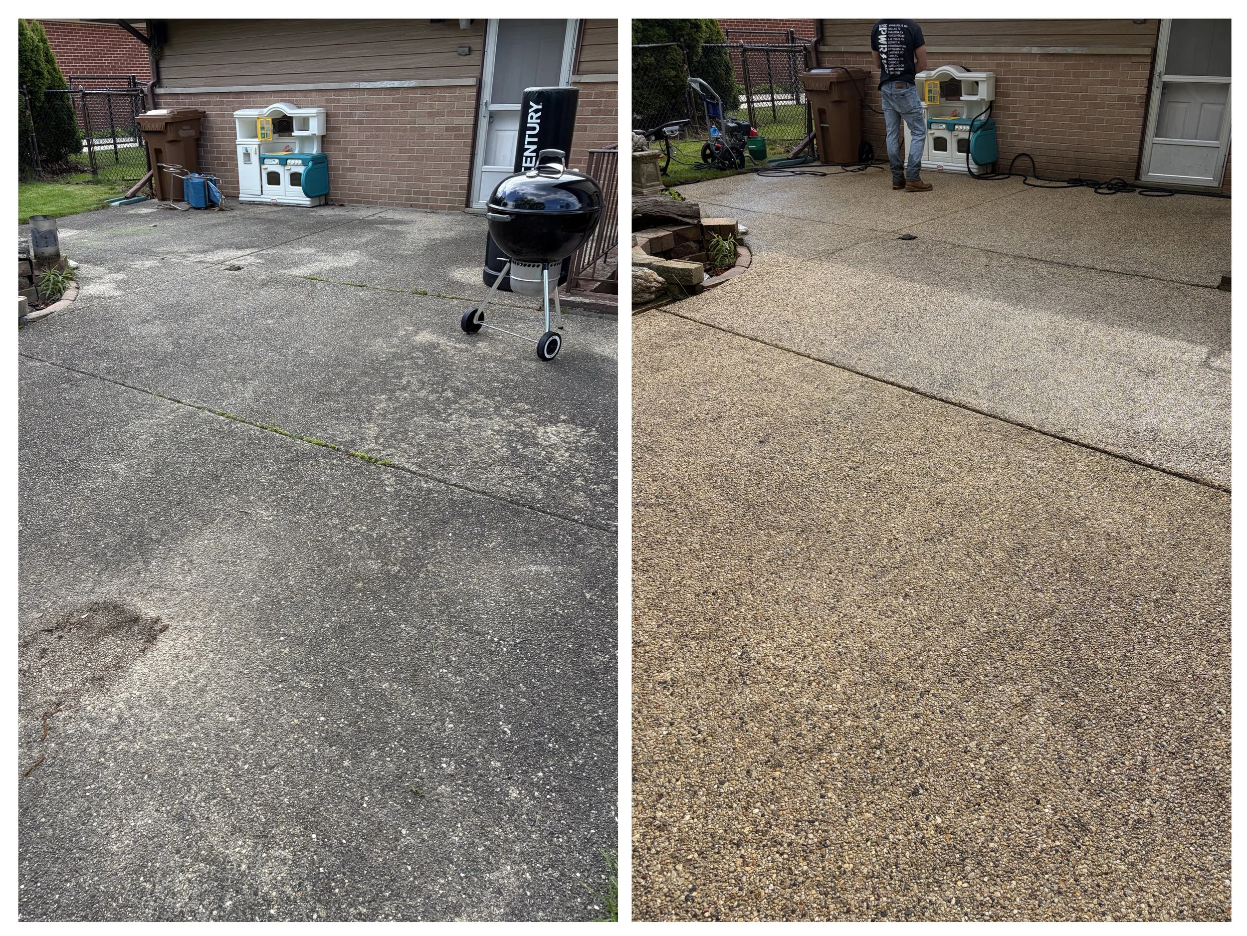 Comparison of two different textured concrete driveways, one older and worn, the other newer and freshly installed, with outdoor objects and a person in the background.