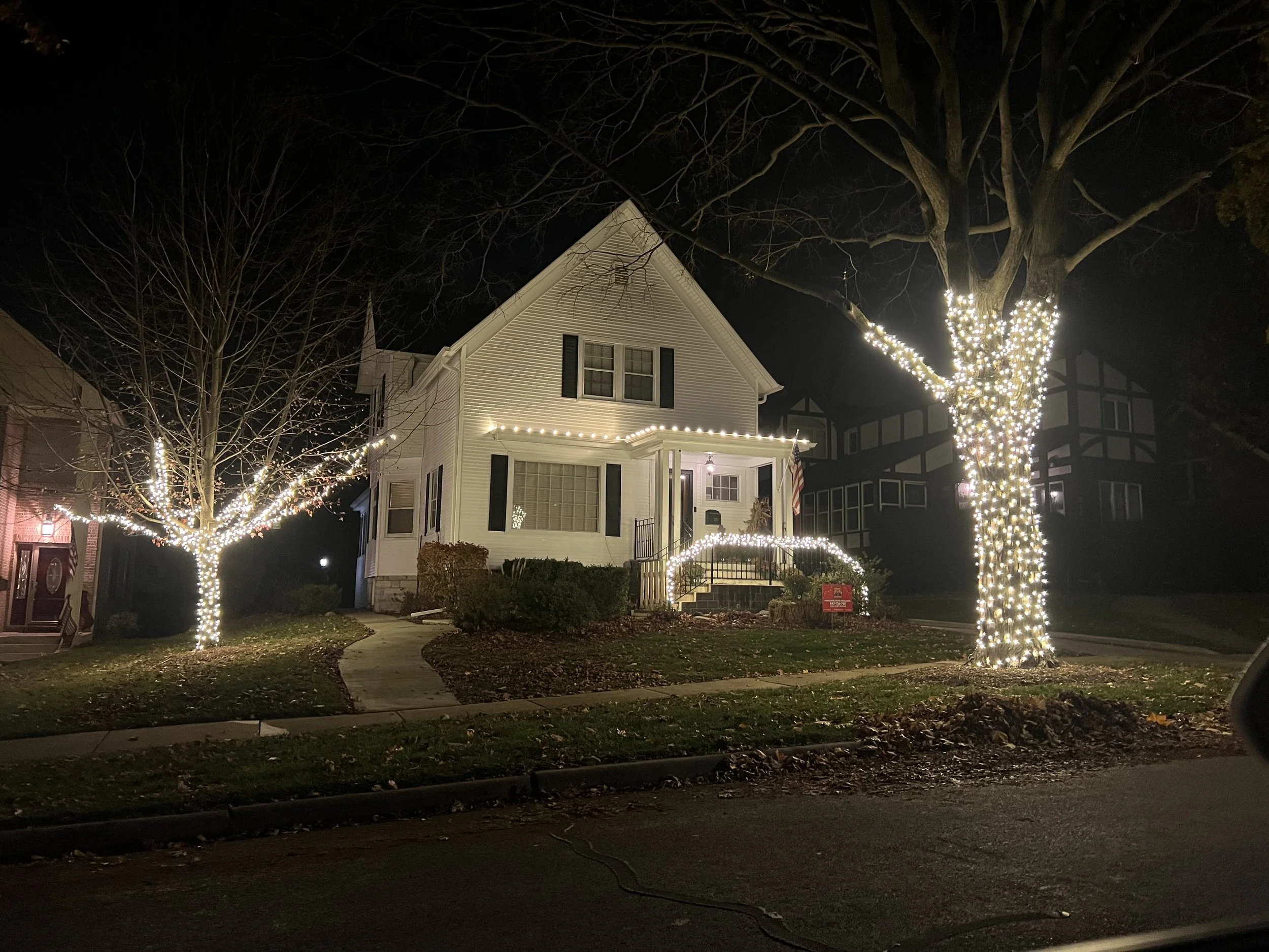 A house decorated with string lights on the tree and around the porch at night.