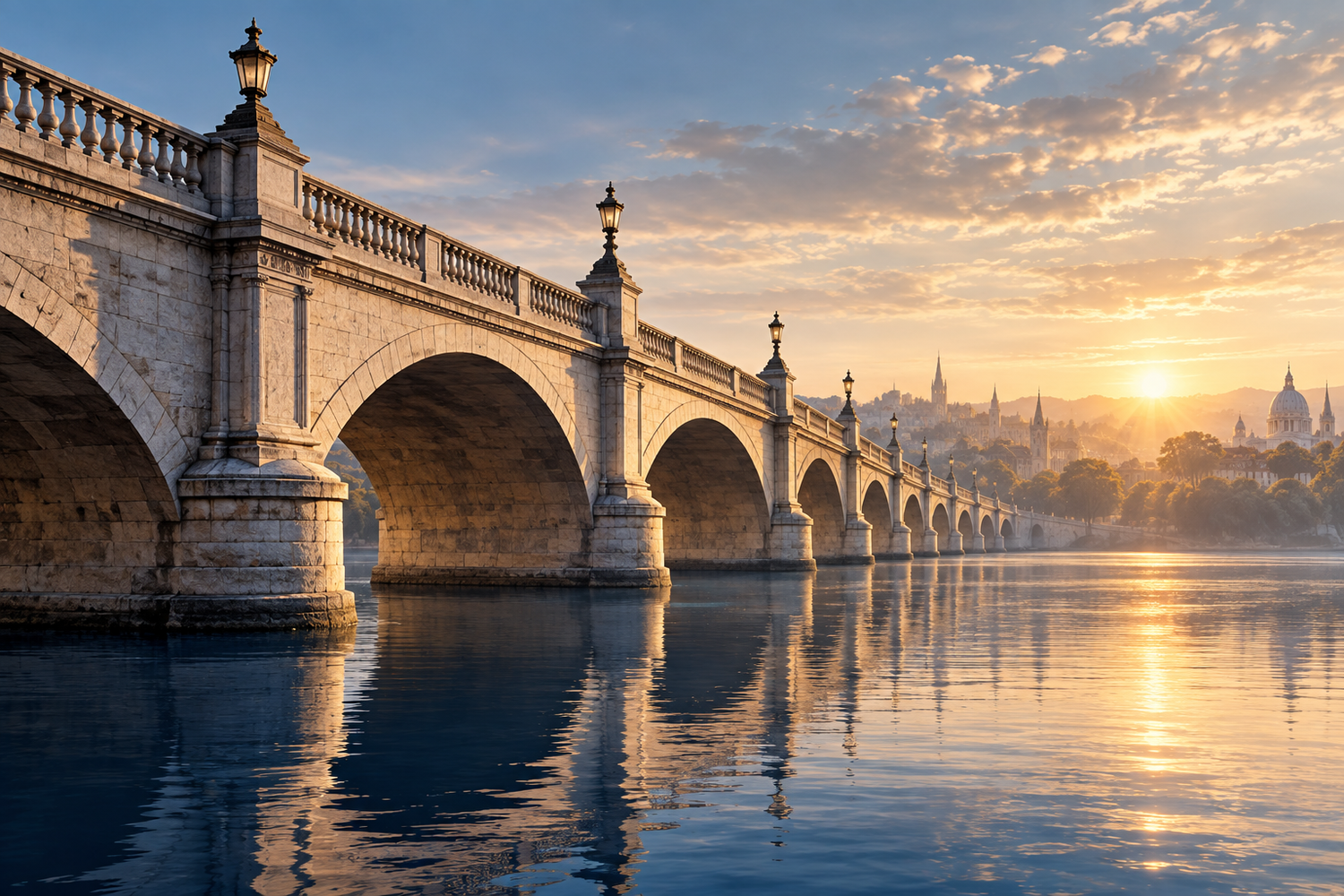 Stone bridge crossing a river at sunrise