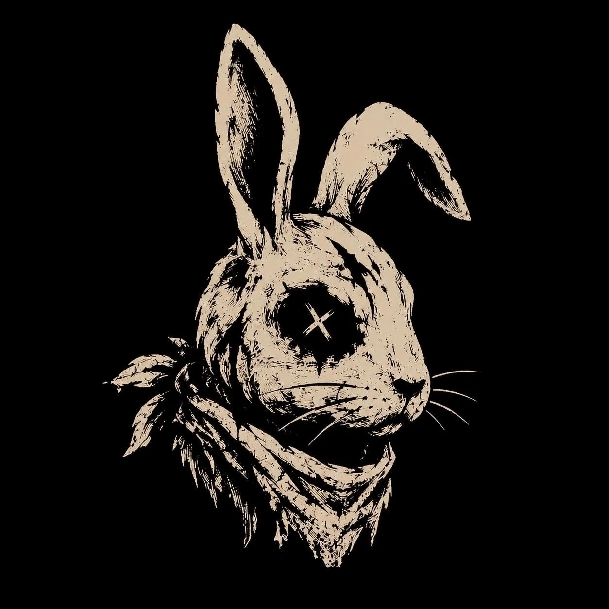 Stylized drawing of a rabbit wearing a bandana around its neck, with a black background and a skull-like design for the eyes.