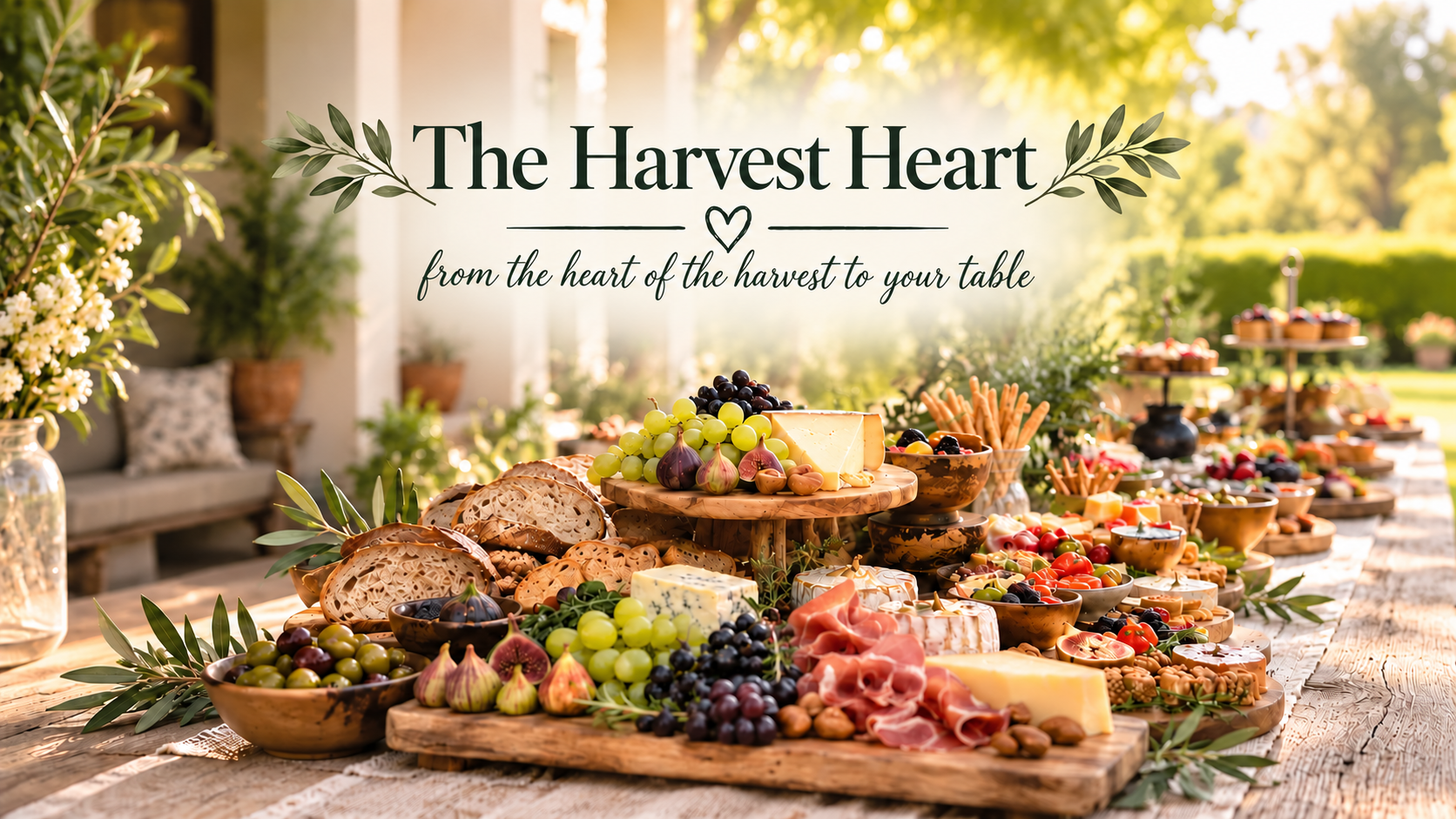 Outdoor table with a cheese, fruit, and charcuterie spread including grapes, figs, cheese, bread, olives, and nuts, set in a garden with sunlight filtering through trees and a background of greenery.