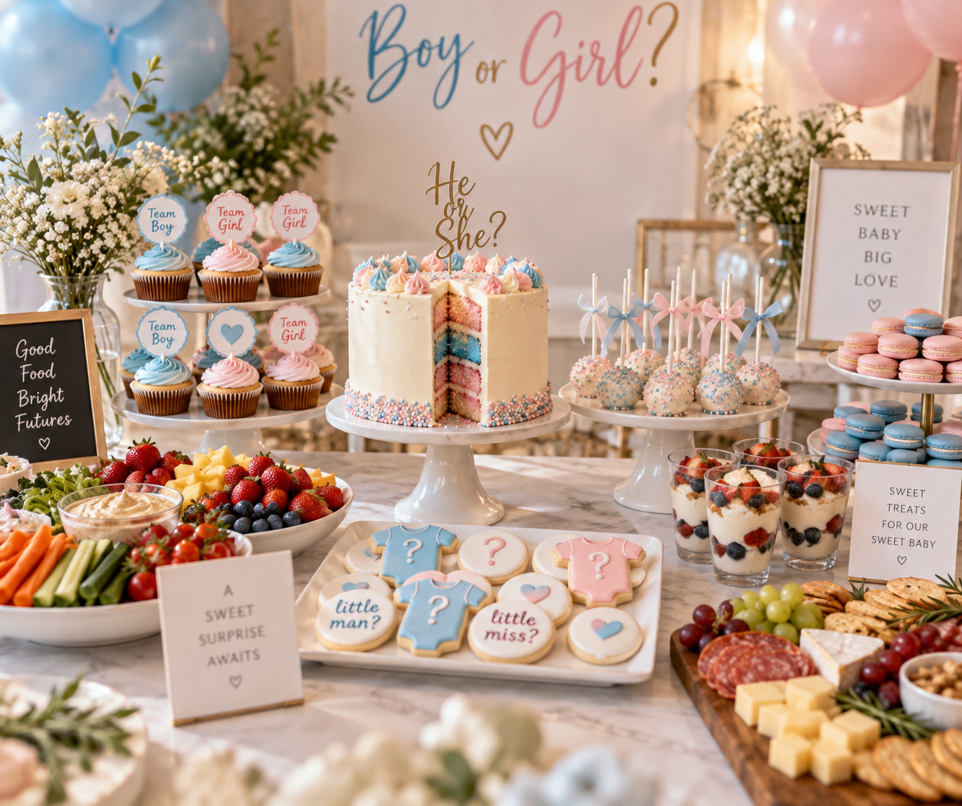 Decorative table at a gender reveal party with sweets, cupcakes, cake, cookies, fruit, and a sign that says "Boy or Girl?" decorated in pink and blue. There are also balloons, flowers, and signs with messages.