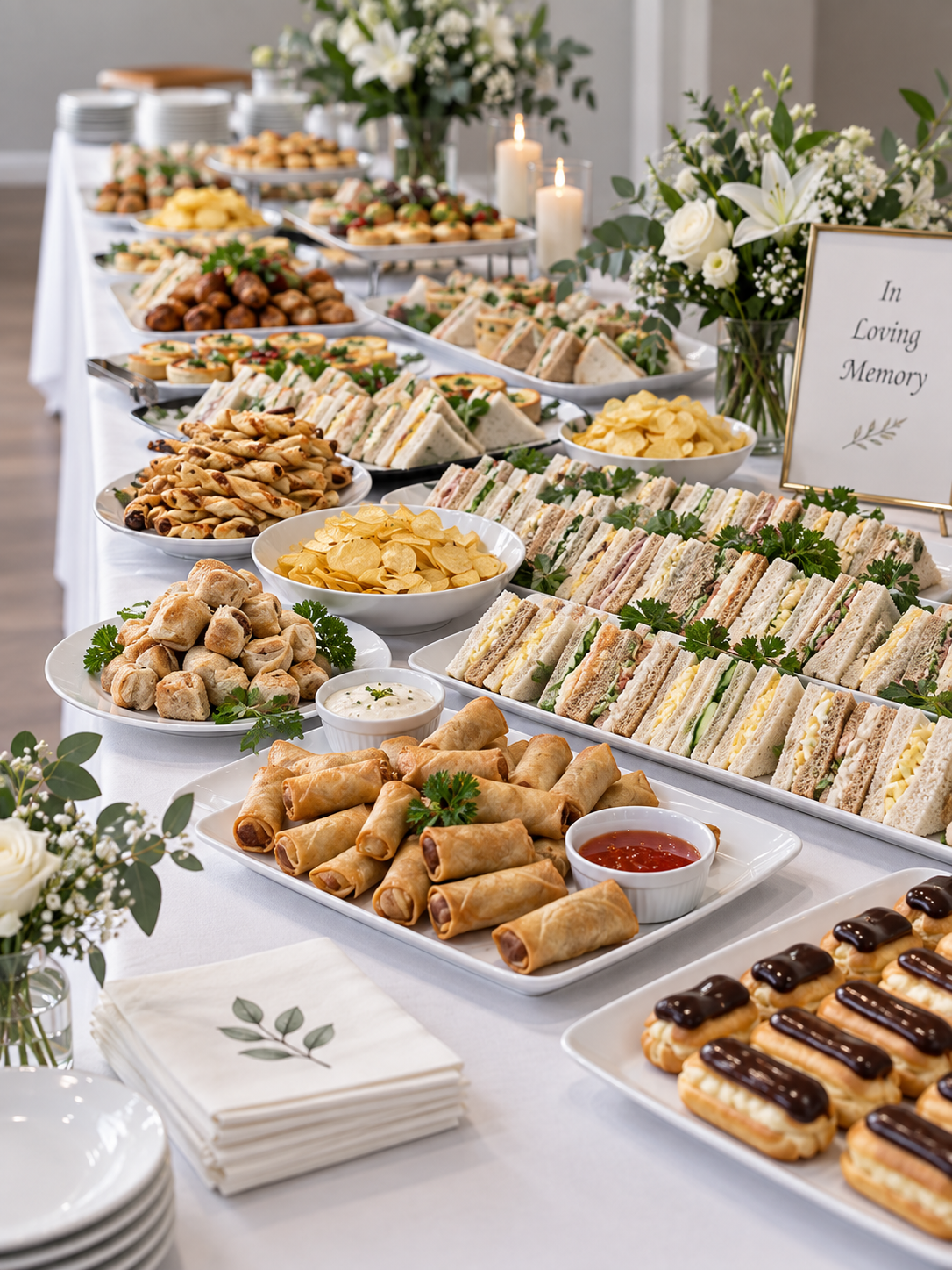Buffet table with various finger foods, sandwiches, spring rolls, potato chips, cookies, and pastries, decorated with flowers and candles, in an arrangement for a memorial or tribute event.