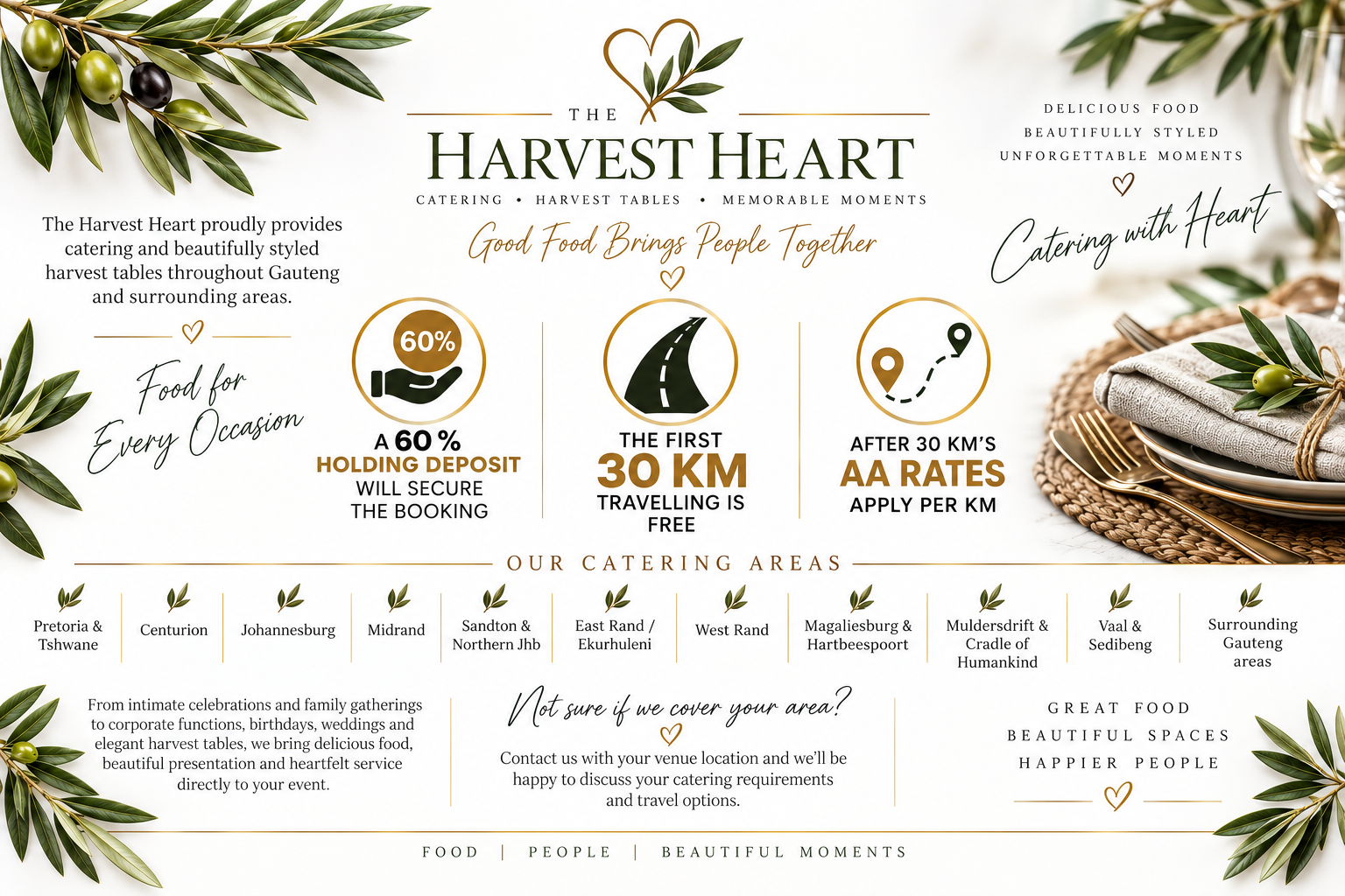 A promotional infographic for The Harvest Heart catering service,  with text promoting the company's services, areas, and rates.