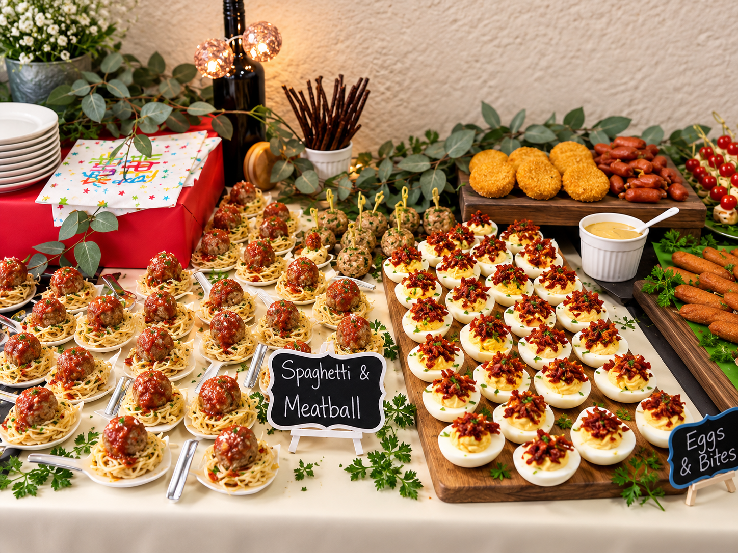 Buffet table with assorted appetizers including spaghetti and meatballs, deviled eggs topped with bacon, and other finger foods, decorated with greenery and party decorations.