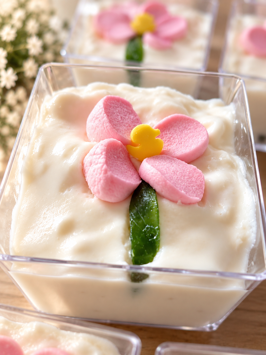 Close-up of a sweet treat in a clear glass container, decorated with pink and yellow fondant flowers, a green fondant leaf, and a small yellow duck-shaped decoration.