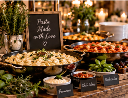 Buffet table with pasta, tomato salad, and garnishes, with a sign that says 'Pasta Made with Love' surrounded by greenery and candles in the background.