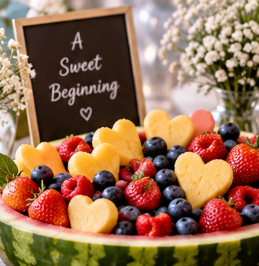 A bowl of fresh strawberries, raspberries, blueberries, and heart-shaped and round cookies with a sign that says 'A Sweet Beginning' in the background.