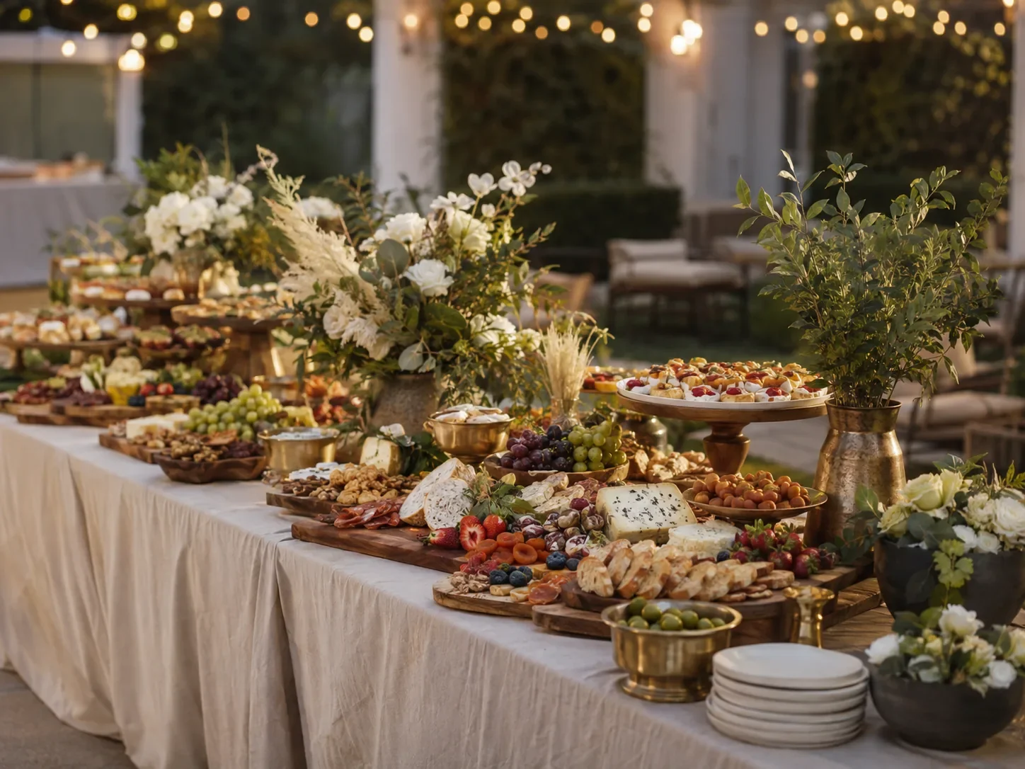 A long banquet table with a white tablecloth, set with various appetizers, cheeses, fruits, and desserts. The table is decorated with large floral arrangements in gold vases, including white flowers and greenery. In the background, there are outdoor 