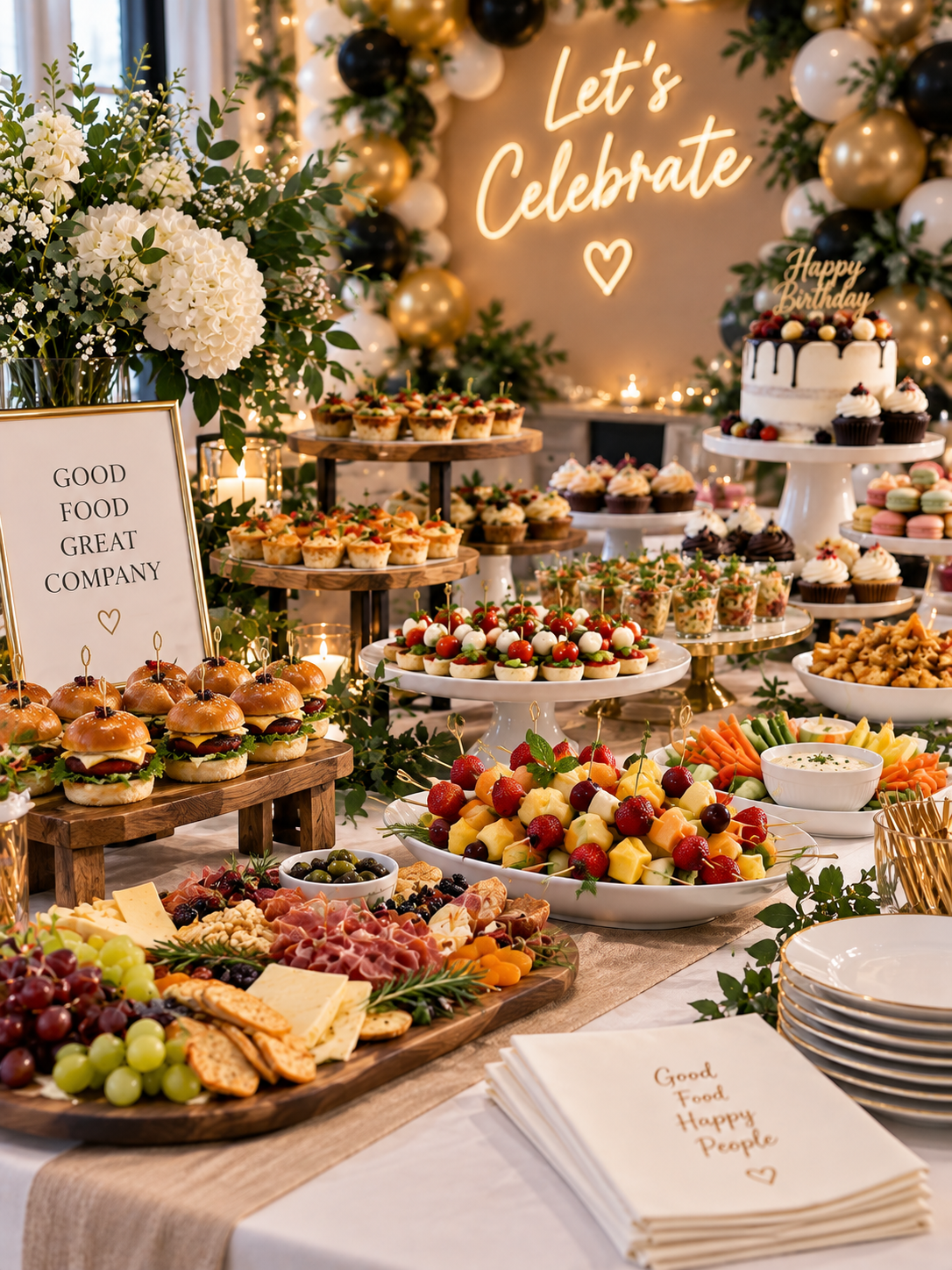 A festive party table decorated with a variety of appetizers, fruit, and desserts, with a backdrop of balloons and a neon sign that says 'Let's Celebrate'. There is a floral arrangement on the left, and a sign that reads 'Good Food Great Company'.