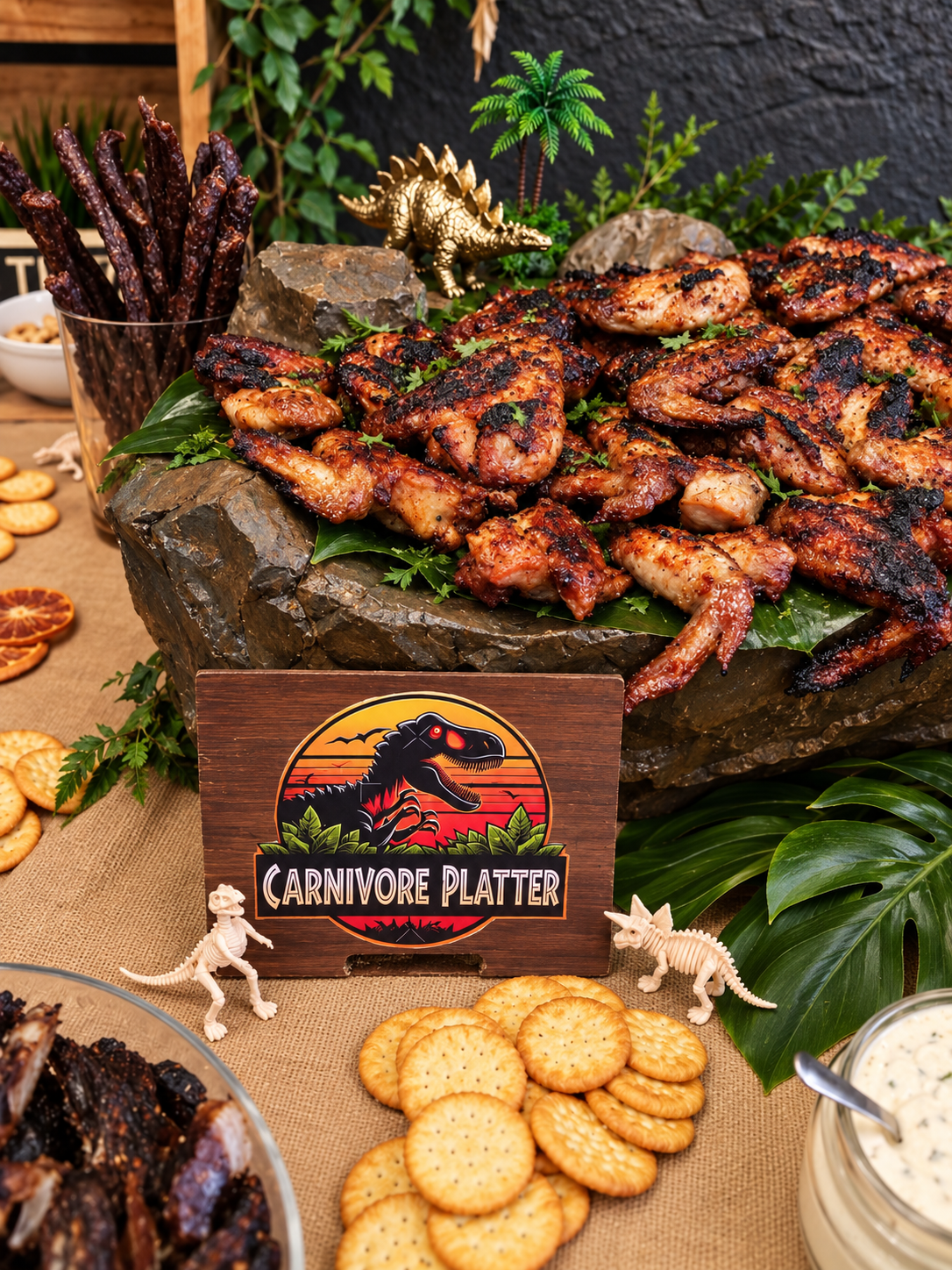 Tray of grilled chicken wings with char marks, garnished with green herbs, displayed on large rocks and green foliage, at a themed carnival or party event with dinosaur decorations and a sign that reads 'Carnivore Platter'.
