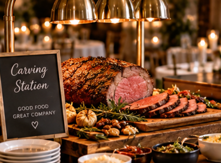 A large piece of roasted beef on a cutting board with sliced meat, vegetables, and condiments nearby, in a restaurant setting with candles and a chalkboard sign.