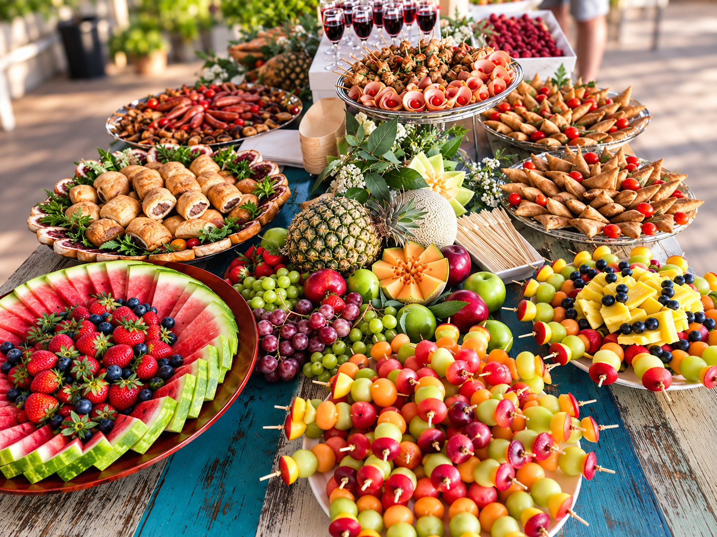 Fresh fruit platter with watermelon, strawberries, blueberries, grapes, pineapple, and cantaloupe, alongside a variety of appetizers and desserts at an outdoor gathering.
