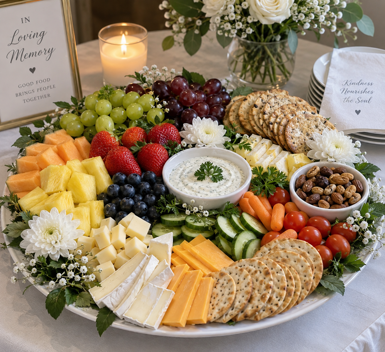 A cheese and fruit platter with grapes, strawberries, blueberries, pineapple, cantaloupe, cucumber slices, cherry tomatoes, baby carrots, crackers, almonds, mixed cheeses, and a bowl of herb dip. The platter is decorated with white flowers, and there