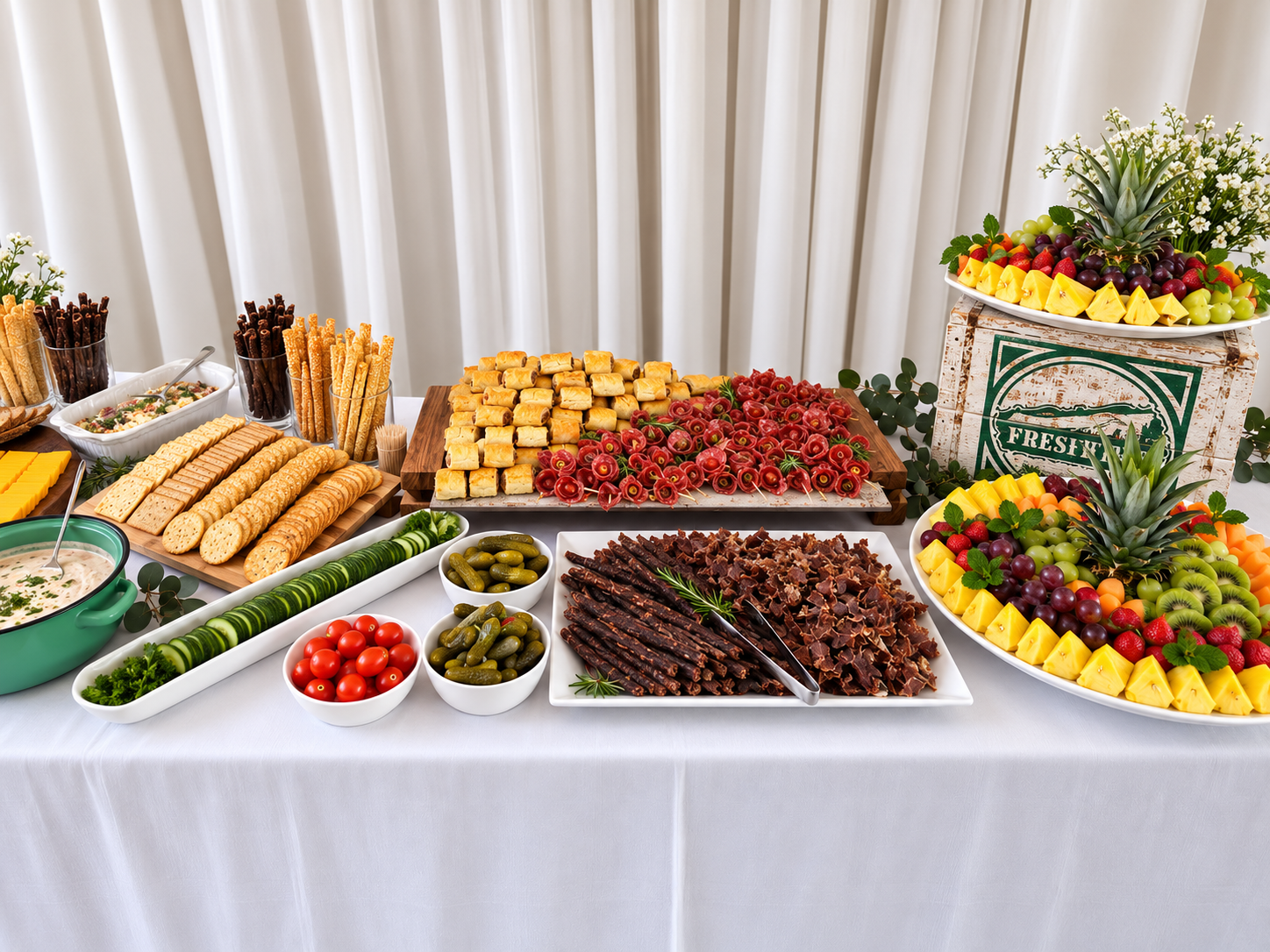 A buffet table with various fresh foods including crackers, cherry tomatoes, pickles, sliced cucumbers, breads, meats, fruits, and a bowl of dip.