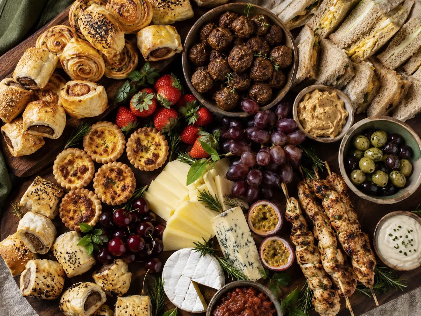 An assortment of appetizers including mini savory pastries, strawberries, grapes, assorted cheeses, grilled chicken skewers, hummus, dipping sauces, and vegetable spreads on a wooden serving board.
