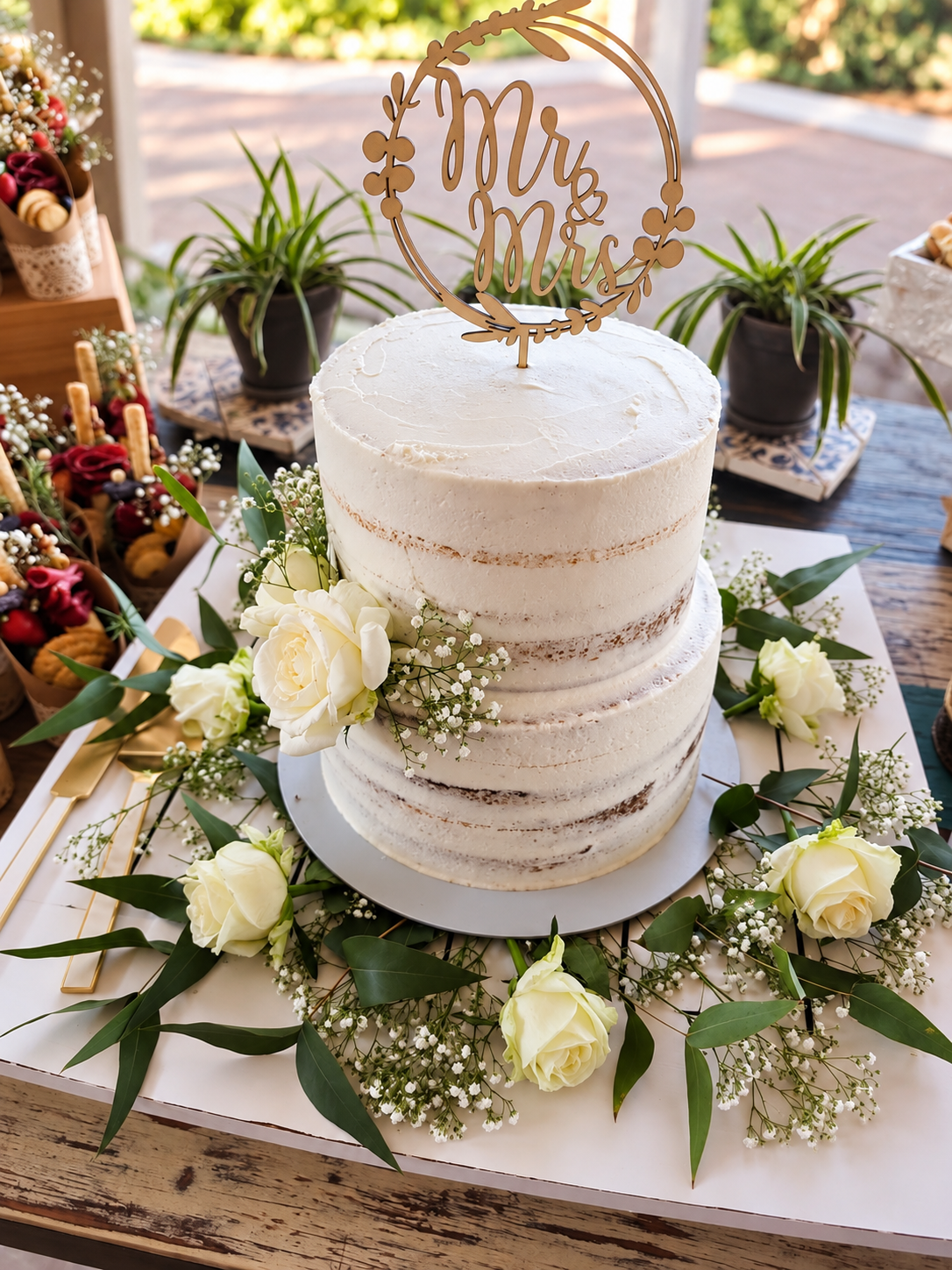 A two-tiered wedding cake with a "Mr & Mrs" cake topper, decorated with white roses and baby's breath, surrounded by greenery, on a rustic wooden table.