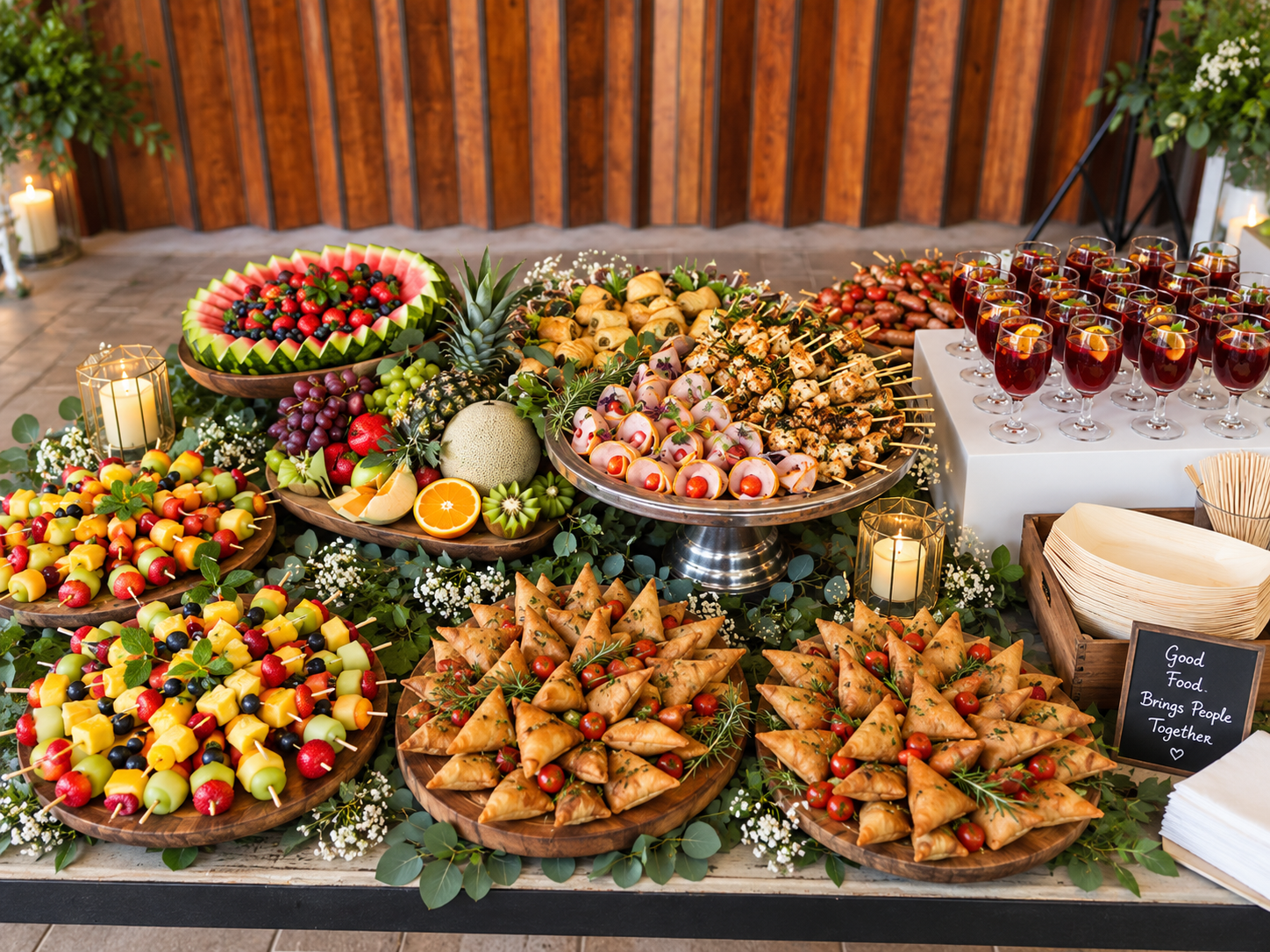 A table of colorful fruit, vegetable, and appetizer dishes with glasses of red drink, candles, and a framed sign that reads 'Good Food Brings People Together' at a party or event.