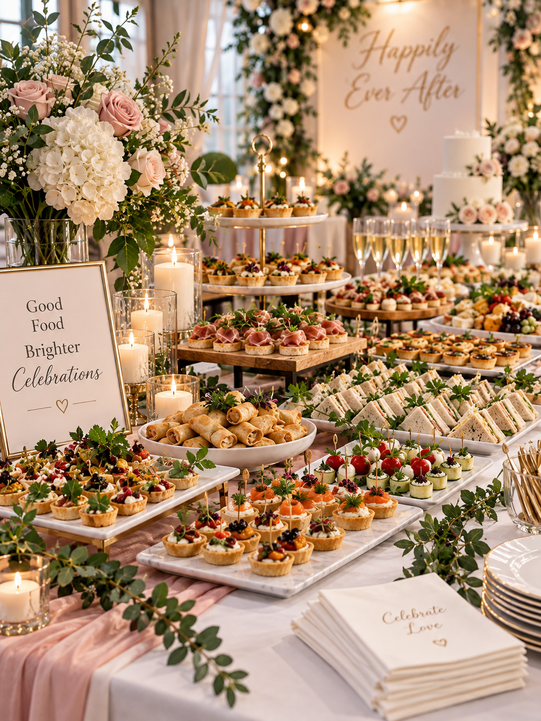 A wedding reception table with an assortment of desserts, including mini tarts, rolled pastries, finger sandwiches, and fruit, decorated with flowers and candles, with a sign that reads 'Good Food Brighter Celebrations' and a backdrop that says 'Happ